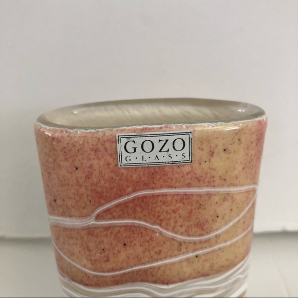 Gozo Glass MCM Flattened Cylinder Bud Vase Sand Pink Tan White Desert Hues 3.5” - Picture 2 of 10